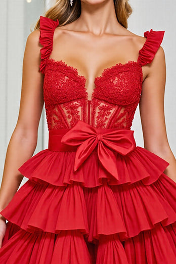 Red Corset Chiffon A Line Short Prom Dress with Appliques