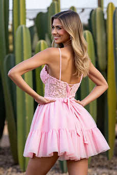 Pink A Line Tulle Short Corset Prom Dress with Lace