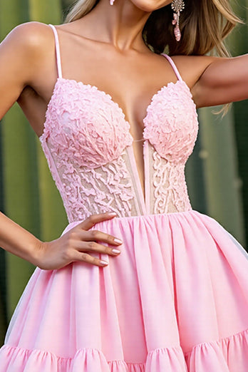 Pink A Line Tulle Short Corset Prom Dress with Lace