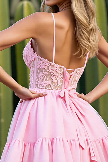 Pink A Line Tulle Short Corset Prom Dress with Lace