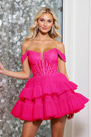 Load image into Gallery viewer, Corset Pink Tulle A Line Short Prom Dress with Appliques