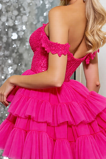 Corset Pink Tulle A Line Short Prom Dress with Appliques