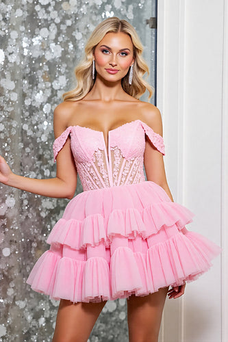Corset Pink Tulle A Line Short Prom Dress with Appliques