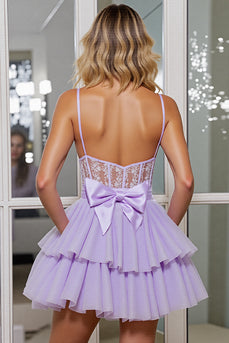 Lilac Corset Tulle A Line Short Prom Dress with Appliques