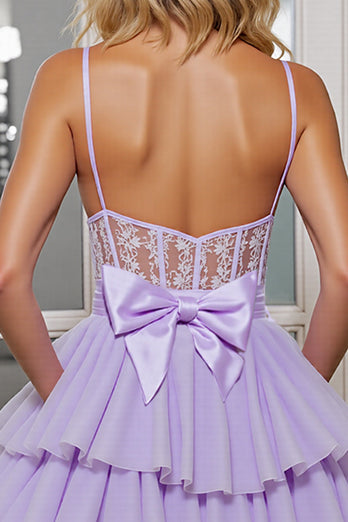 Lilac Corset Tulle A Line Short Prom Dress with Appliques