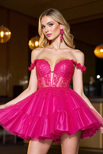 Fuchsia Corset A Line Tulle Short Prom Dress with Lace