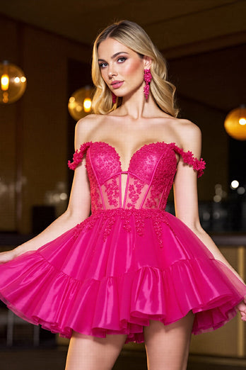 Fuchsia Corset A Line Tulle Short Prom Dress with Lace