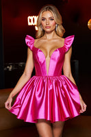 Load image into Gallery viewer, Fuchsia Satin A Line Cap Sleeves Short Corset Prom Dress