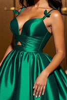 Load image into Gallery viewer, Dark Green A Line Spaghetti Straps Short Satin Prom Dress