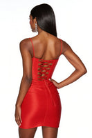 Load image into Gallery viewer, Orange Bodycon Satin Spaghetti Straps Short Prom Dress