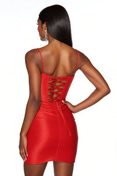 Orange Bodycon Satin Spaghetti Straps Short Prom Dress