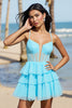 Load image into Gallery viewer, Light Blue Corset Tulle A Line Short Prom Dress with Lace