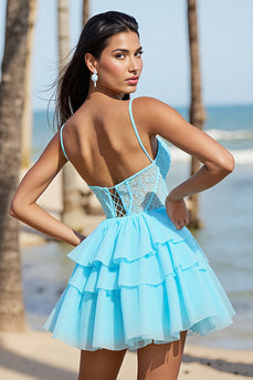 Light Blue Corset Tulle A Line Short Prom Dress with Lace