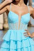 Load image into Gallery viewer, Light Blue Corset Tulle A Line Short Prom Dress with Lace