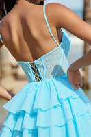 Load image into Gallery viewer, Light Blue Corset Tulle A Line Short Prom Dress with Lace
