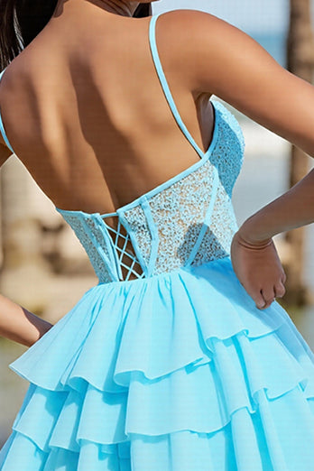 Light Blue Corset Tulle A Line Short Prom Dress with Lace