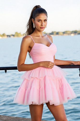 Pink A Line Tulle Tiered Short Prom Dress
