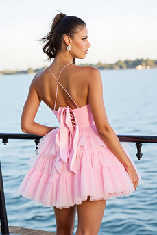 Pink A Line Tulle Tiered Short Prom Dress