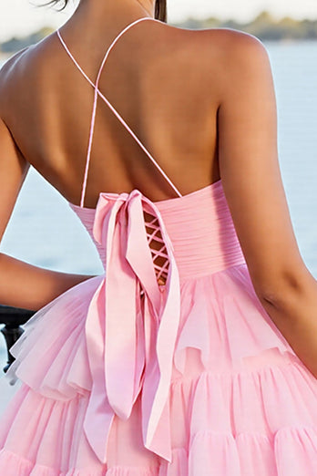 Pink A Line Tulle Tiered Short Prom Dress