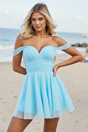 Light Blue A Line Tulle Off the Shoulder Short Prom Dress