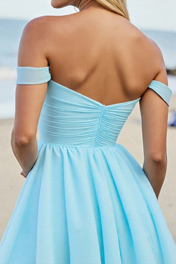 Light Blue A Line Tulle Off the Shoulder Short Prom Dress