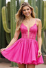 Load image into Gallery viewer, Corset Fuchsia Tulle A Line Short Prom Dress with Appliques