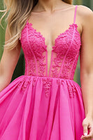 Load image into Gallery viewer, Corset Fuchsia Tulle A Line Short Prom Dress with Appliques