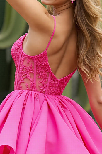 Corset Fuchsia Tulle A Line Short Prom Dress with Appliques