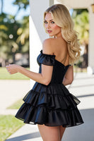 Load image into Gallery viewer, Black Corset A Line Tiered Satin Short Prom Dress