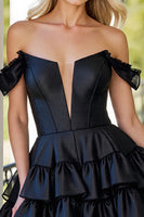 Load image into Gallery viewer, Black Corset A Line Tiered Satin Short Prom Dress