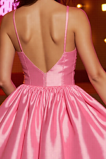 Pink Corset A Line Spaghetti Straps Short Satin Prom Dress