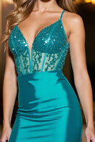Load image into Gallery viewer, Sparkly Corset Peacock Green Satin Short Prom Dress