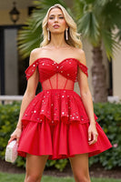 Load image into Gallery viewer, Sparkly Red A Line Corset Off the Shoulder Short Prom Dress