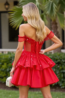 Load image into Gallery viewer, Sparkly Red A Line Corset Off the Shoulder Short Prom Dress
