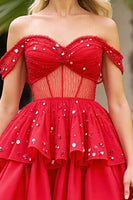 Load image into Gallery viewer, Sparkly Red A Line Corset Off the Shoulder Short Prom Dress