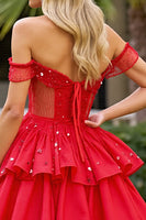 Load image into Gallery viewer, Sparkly Red A Line Corset Off the Shoulder Short Prom Dress