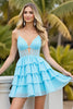 Load image into Gallery viewer, Light Blue Corset A Line Short Tulle Prom Dress with Appliques