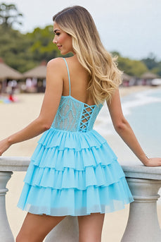 Light Blue Corset A Line Short Tulle Prom Dress with Appliques