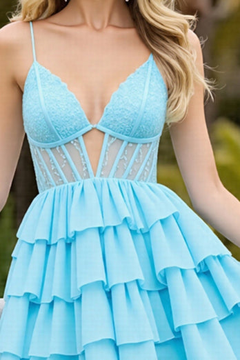 Light Blue Corset A Line Short Tulle Prom Dress with Appliques