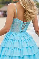 Load image into Gallery viewer, Light Blue Corset A Line Short Tulle Prom Dress with Appliques