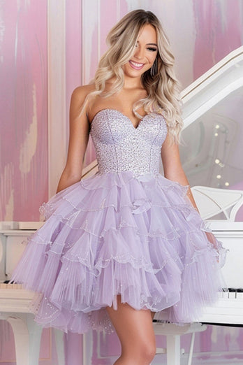 Sparkly Lilac A Line Beaded Tulle Short Prom Dress