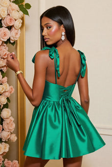 Dark Green A Line Satin Corset Short Prom Dress