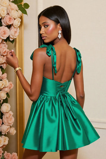 Dark Green A Line Satin Corset Short Prom Dress