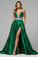 Load image into Gallery viewer, Sparkly Dark Green A Line V-Neck Maxi Prom Dress with Slit
