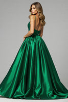 Load image into Gallery viewer, Sparkly Dark Green A Line V-Neck Maxi Prom Dress with Slit