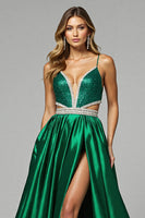 Load image into Gallery viewer, Sparkly Dark Green A Line V-Neck Maxi Prom Dress with Slit
