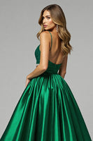 Load image into Gallery viewer, Sparkly Dark Green A Line V-Neck Maxi Prom Dress with Slit