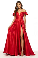 Load image into Gallery viewer, Red Off the Shoulder Satin A Line Maxi Prom Dress with Slit