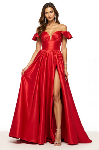 Red Off the Shoulder Satin A Line Maxi Prom Dress with Slit