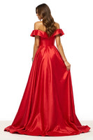Load image into Gallery viewer, Red Off the Shoulder Satin A Line Maxi Prom Dress with Slit